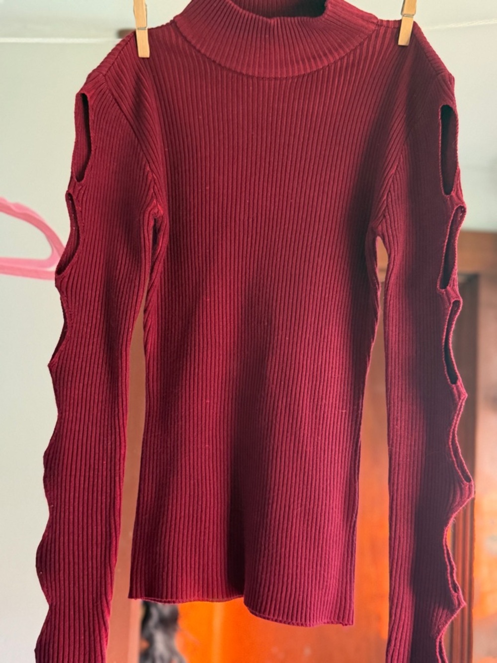 Almost Famous Ribbed Cutout Sleeve Turtleneck Sweater - Burgundy